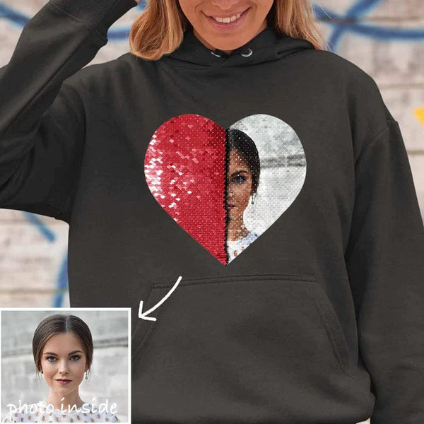 [Thickened Fabric] Custom Photo Heart Flip Sequin Hoodie Pure Cotton Unisex For Men Women