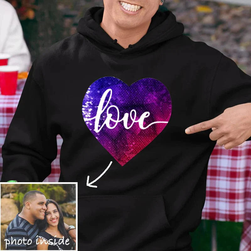 [Thickened Fabric] Custom Photo Heart Flip Sequin Hoodie Pure Cotton Love Unisex For Men Women [Double Print]