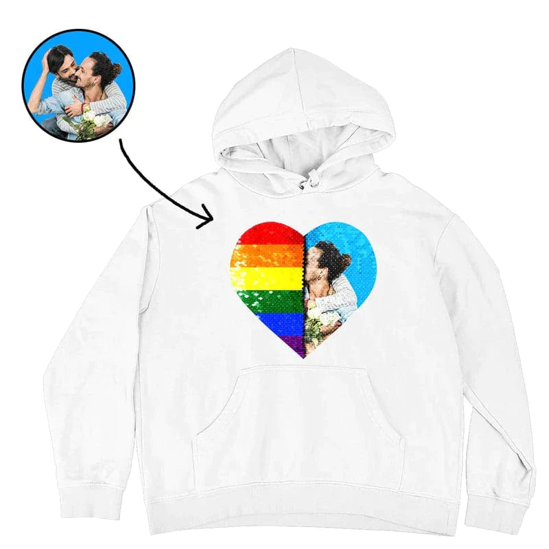 [Thickened Fabric] Custom Photo Heart Flip Sequin Hoodie Pure Cotton Rainbow Unisex Hoodie For Men Women [Double Print]