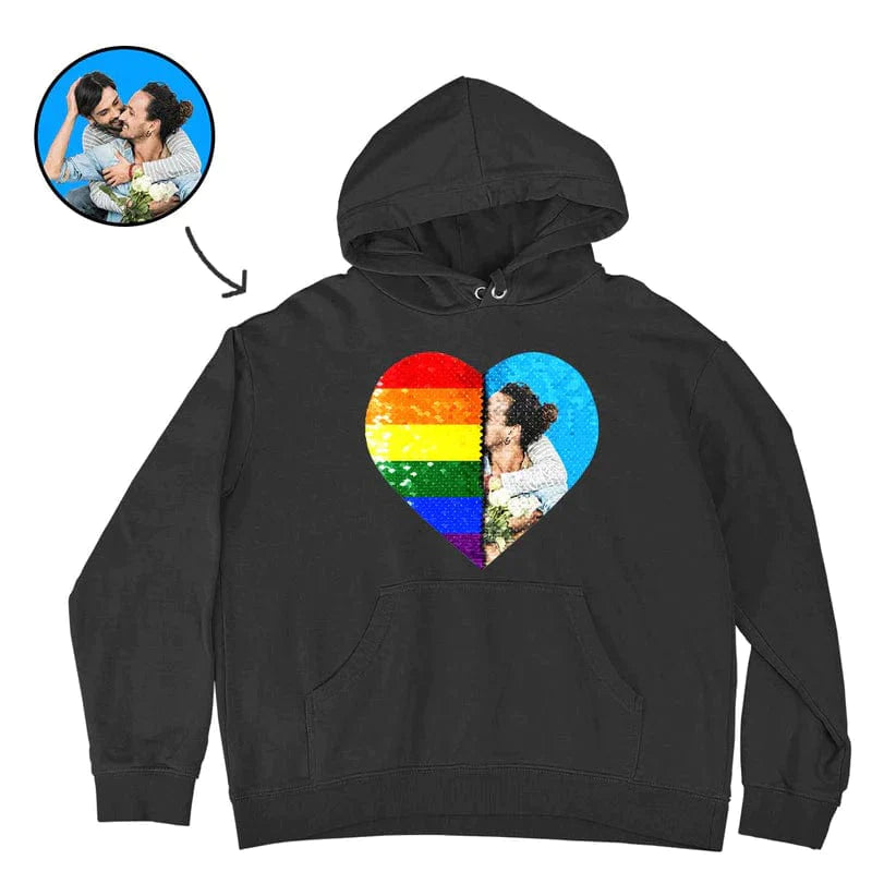 [Thickened Fabric] Custom Photo Heart Flip Sequin Hoodie Pure Cotton Rainbow Unisex Hoodie For Men Women [Double Print]