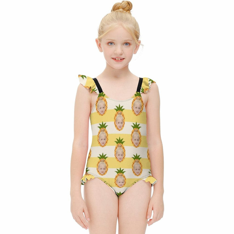 Custom Face Yellow Pineapple Girls' Swimsuit One Piece Swimwear For Kids 6-12years