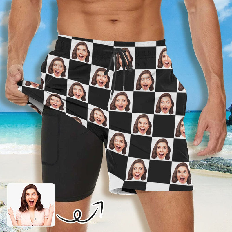 Custom Face Black and White Grid Quick Dry 2 in 1 Surfing Beach Shorts