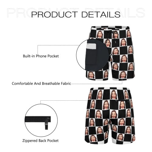 Custom Face Black and White Grid Men's Quick Dry 2 in 1 Surfing & Beach Shorts Male Gym Fitness Shorts