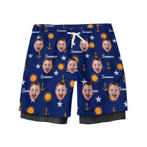 Custom Face Dad & Kid Beach Shorts Personalized Star Drawstring Men's Quick Dry 2 in 1 Surfing Beach Shorts