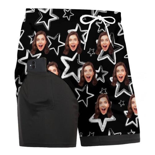 Custom Face Dad & Kid Beach Shorts Personalized Star Drawstring Men's Quick Dry 2 in 1 Surfing Beach Shorts