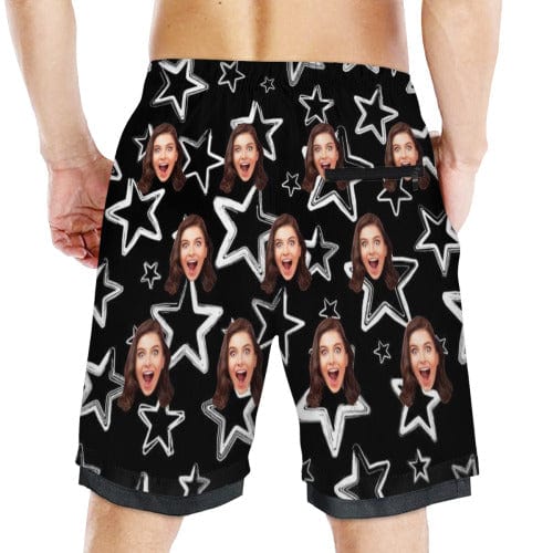 Custom Face Dad & Kid Beach Shorts Personalized Star Drawstring Men's Quick Dry 2 in 1 Surfing Beach Shorts