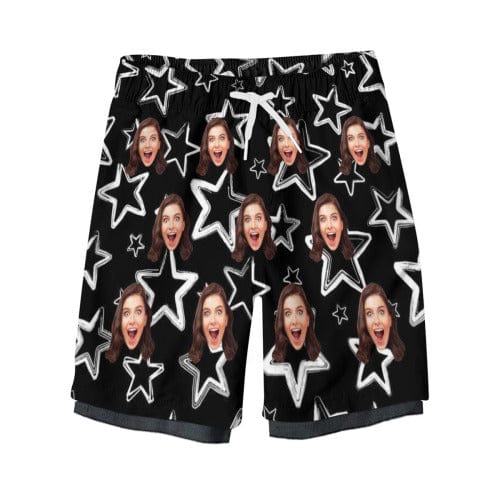 Custom Face Dad & Kid Beach Shorts Personalized Star Drawstring Men's Quick Dry 2 in 1 Surfing Beach Shorts