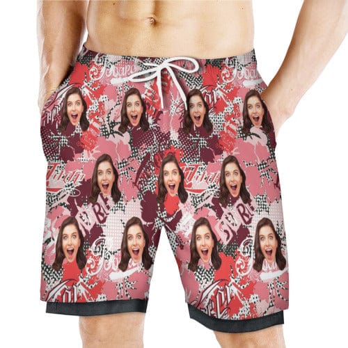 Custom Face Pink Pattern Men's 2 in 1 Running Shorts Workout Training Quick Dry Bodybuliding Athletic Shorts Jogger with Pockets