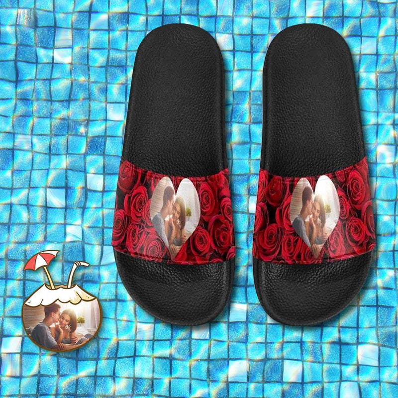 Custom Photo Loving Couple Red Rose Men's Slide Sandals