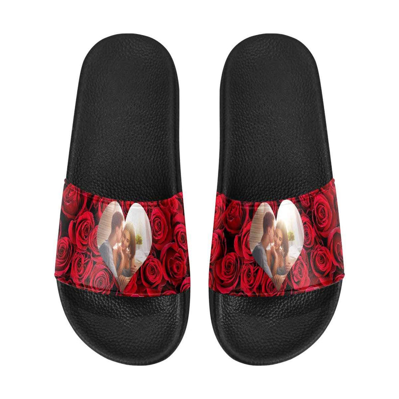 Custom Photo Loving Couple Red Rose Men's Slide Sandals