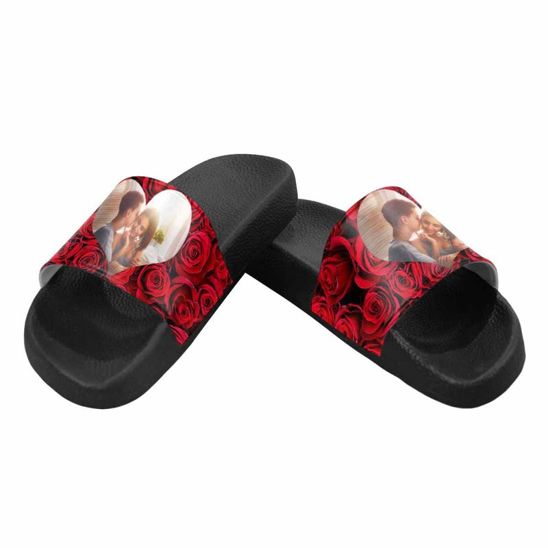 Custom Photo Loving Couple Red Rose Men's Slide Sandals