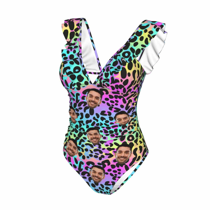 Custom Face Colorful Leopard Print Swimwear Personalized Women's V-Neck Ruffle Bathing Suit One Piece Swimsuit