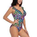 Custom Face Colorful Leopard Print Swimwear Personalized Women's V-Neck Ruffle Bathing Suit One Piece Swimsuit