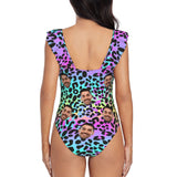 Custom Face Colorful Leopard Print Swimwear Personalized Women's V-Neck Ruffle Bathing Suit One Piece Swimsuit