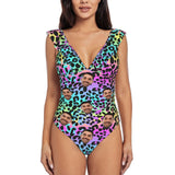 Custom Face Colorful Leopard Print Swimwear Personalized Women's V-Neck Ruffle Bathing Suit One Piece Swimsuit