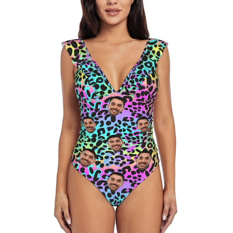 Custom Face Colorful Leopard Print Swimwear Personalized Women's V-Neck Ruffle Bathing Suit One Piece Swimsuit