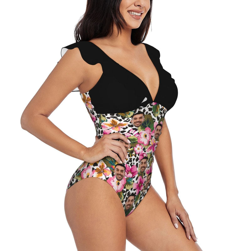 Custom Face Flower Pattern Swimwear Personalized Women's V-Neck Ruffle Bathing Suit One Piece Swimsuit