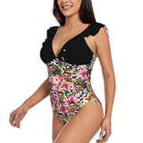 Custom Face Flower Pattern Swimwear Personalized Women's V-Neck Ruffle Bathing Suit One Piece Swimsuit