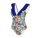 Custom Face Plant Flower Swimwear Personalized Women's V-Neck Ruffle Bathing Suit One Piece Swimsuit