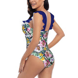 Custom Face Plant Flower Swimwear Personalized Women's V-Neck Ruffle Bathing Suit One Piece Swimsuit