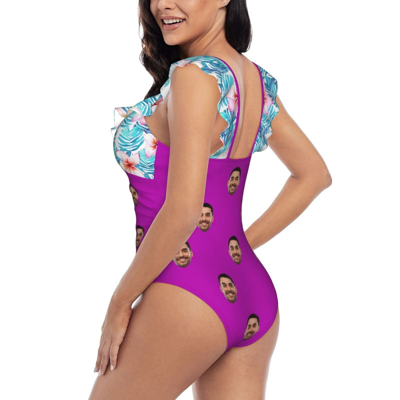 Custom Face Purple Romance Swimwear Personalized Women's V-Neck Ruffle Bathing Suit One Piece Swimsuit