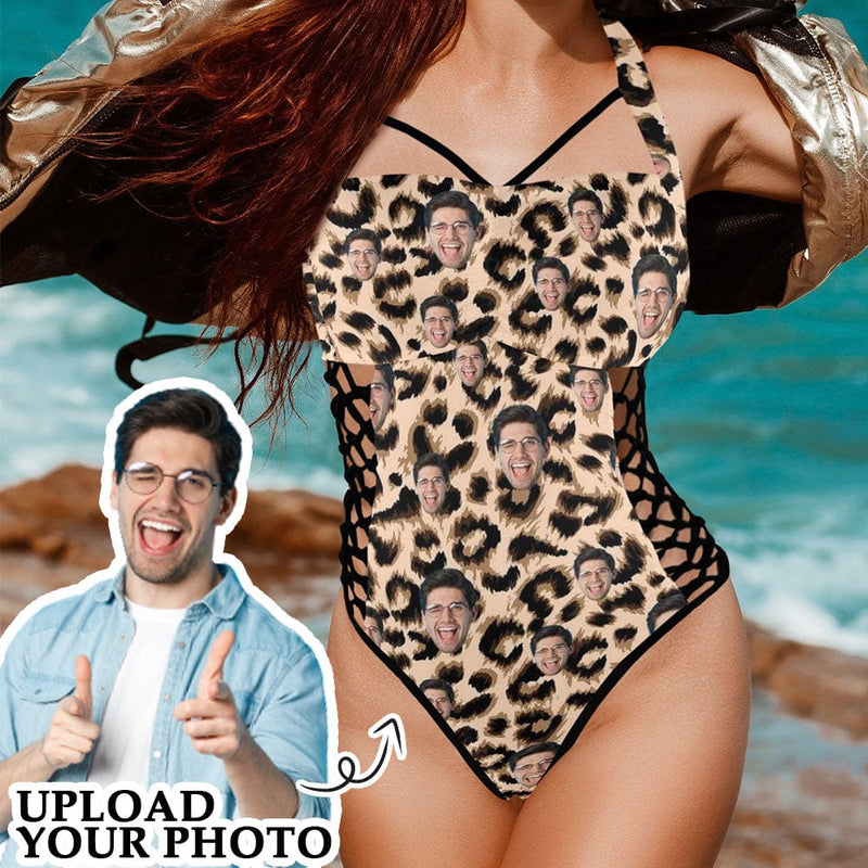 Custom Face Leopard Women's Sexy One Pieces Swimsuit Lace Up Side Halter Back Tie Swimsuit