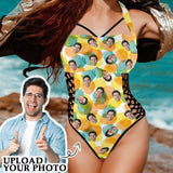 Custom Face Yellow Green Dot Women's Sexy One Pieces Swimsuit Lace Up Side Halter Back Tie Swimsuit