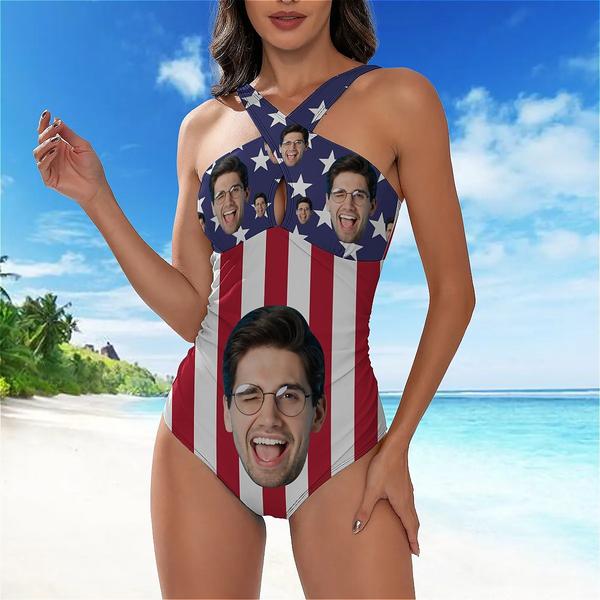 Custom Face American Flag Style Women's Tummy Control Front Cross Backless Swimsuit Bathing Suit Cross Collar One Piece Swimsuit