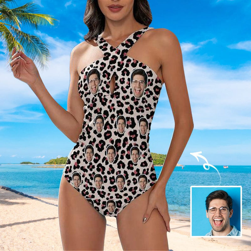 Custom Face Leopard Women's Tummy Control Front Cross Backless Swimsuit Bathing Suit Cross Collar One Piece Swimsuit