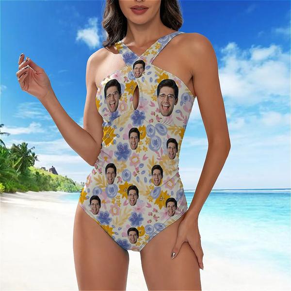 Custom Face Purple Flower Women's Tummy Control Front Cross Backless Swimsuit Bathing Suit Cross Collar One Piece Swimsuit