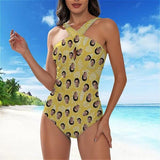 Custom Face Yellow Pineapple Women's Tummy Control Front Cross Backless Swimsuit Bathing Suit Cross Collar One Piece Swimsuit