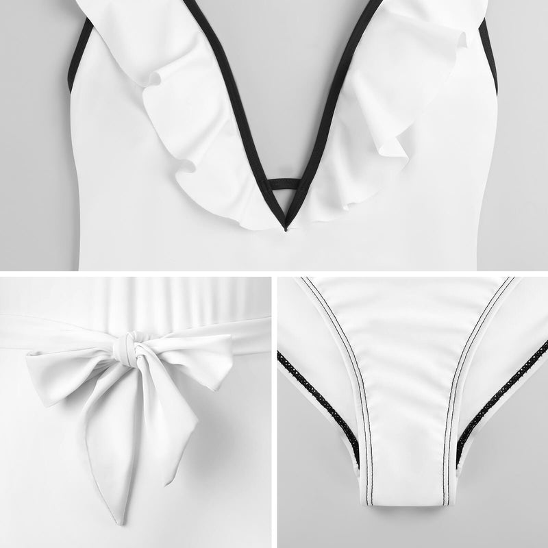 Custom Big Funny Face V Neck Ruffle One Piece Swimsuit Sexy Belt Bathing Suit Tie Back