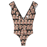 Custom Face All V Neck Ruffle One Piece Swimsuit Sexy Belt Bathing Suit Tie Back