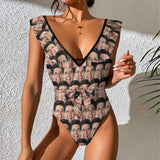 Custom Face All V Neck Ruffle One Piece Swimsuit Sexy Belt Bathing Suit Tie Back