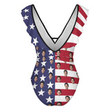 Custom Face American Flag Style V Neck Ruffle One Piece Swimsuit Sexy Belt Bathing Suit Tie Back