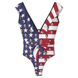 Custom Face American Flag Style V Neck Ruffle One Piece Swimsuit Sexy Belt Bathing Suit Tie Back