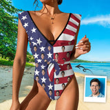 Custom Face American Flag Style V Neck Ruffle One Piece Swimsuit Sexy Belt Bathing Suit Tie Back