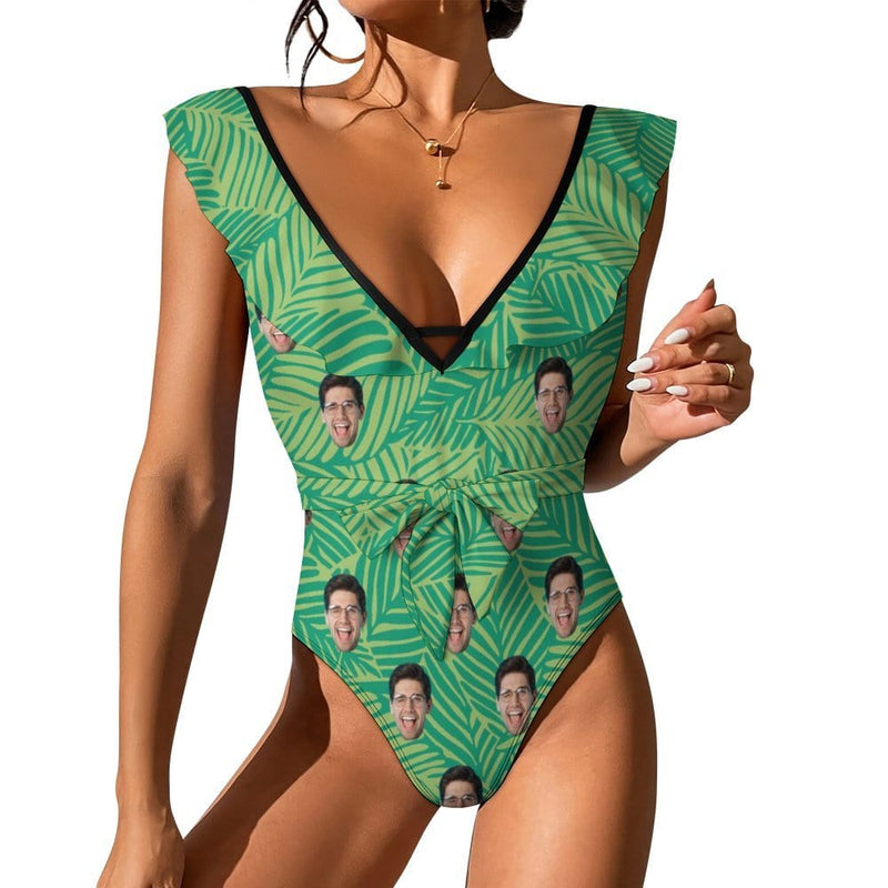 Custom Face Green Leaves V Neck Ruffle One Piece Swimsuit Sexy Belt Bathing Suit Tie Back