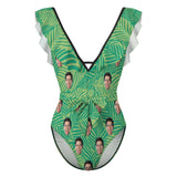 Custom Face Green Leaves V Neck Ruffle One Piece Swimsuit Sexy Belt Bathing Suit Tie Back