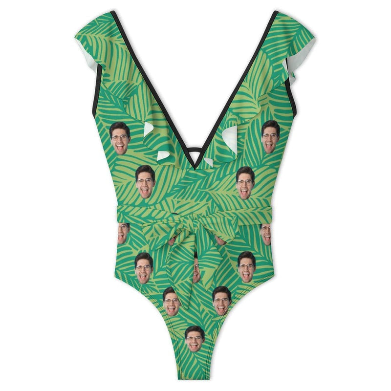 Custom Face Green Leaves V Neck Ruffle One Piece Swimsuit Sexy Belt Bathing Suit Tie Back