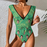 Custom Face Green Leaves V Neck Ruffle One Piece Swimsuit Sexy Belt Bathing Suit Tie Back