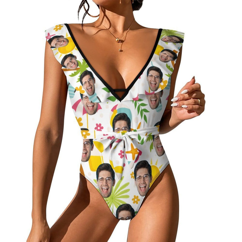 Custom Face Happy Trip V Neck Ruffle One Piece Swimsuit Sexy Belt Bathing Suit Tie Back