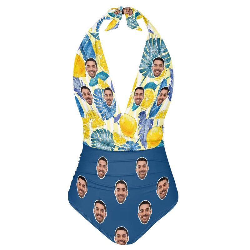 Custom Face Lemon Women's Halter Neck Tie One Piece Swimsuit Sexy Backless Wide Straps V Neck