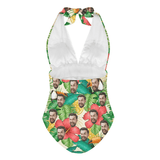 Custom Face Bird Lemon Women's Halter Neck Tie One Piece Swimsuit Sexy Backless Wide Straps V Neck