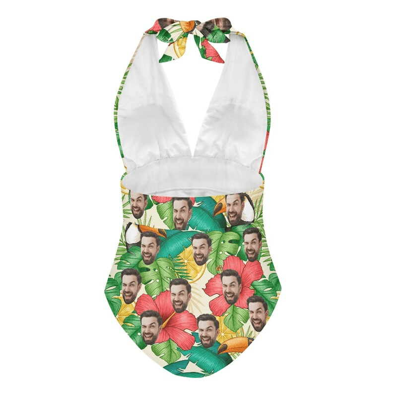 Custom Face Bird Lemon Women's Halter Neck Tie One Piece Swimsuit Sexy Backless Wide Straps V Neck