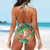 Custom Face Bird Lemon Women's Halter Neck Tie One Piece Swimsuit Sexy Backless Wide Straps V Neck