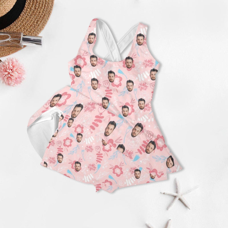 Custom Face Pink Two-piece Swimming Dress, Custom Face Swimwear, Photo Beachwear for Her