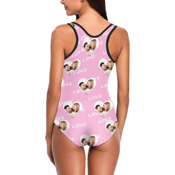 Custom Photo Couple Pink Heart Women's Tank Top Bathing Swimsuit