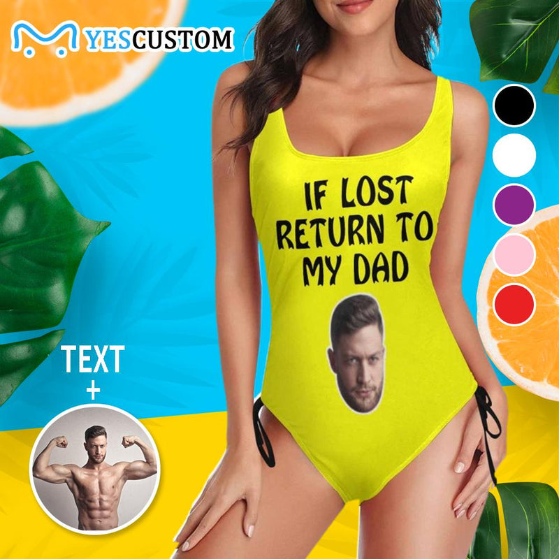 Custom Face&Text My Dad Swimsuits Personalized Women's New Drawstring Side One Piece Bathing Suit&Men's Beach Shorts Honeymoons Party