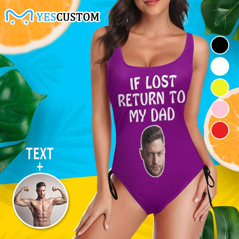 Custom Face&Text My Dad Swimsuits Personalized Women's New Drawstring Side One Piece Bathing Suit&Men's Beach Shorts Honeymoons Party